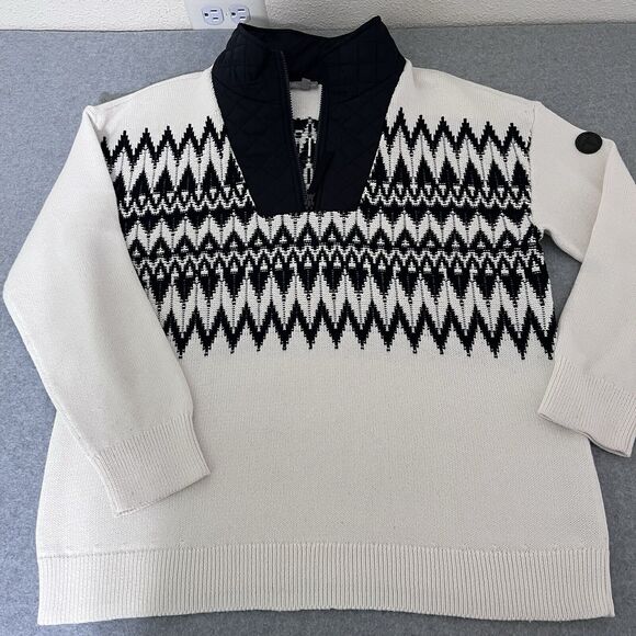 T By Talbots Women Sweater Large Black White Quilted Neck Fair Isle Thermolite - Picture 1 of 12